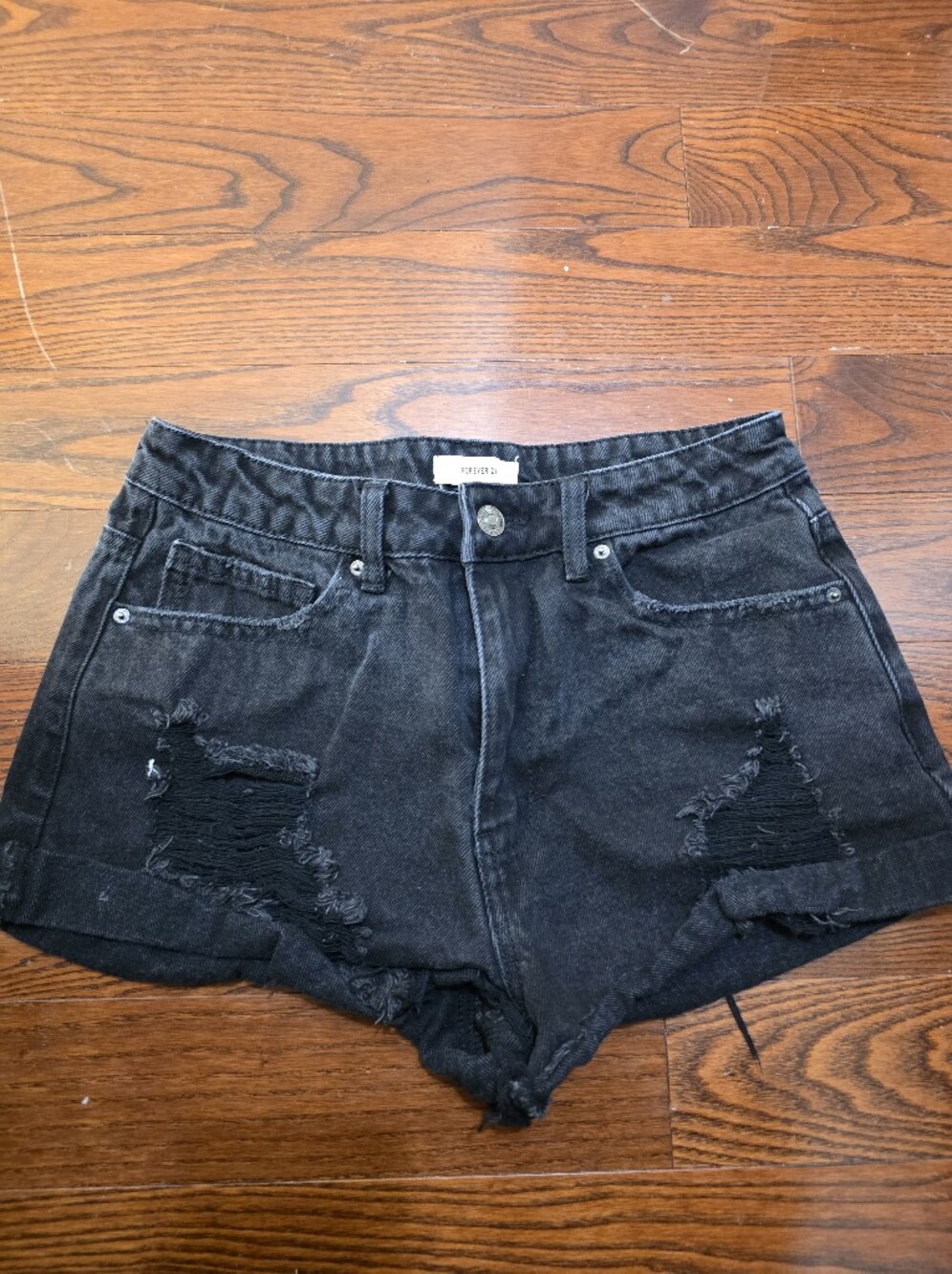 Forever 21 Black Distressed High-Waist Denim Shorts